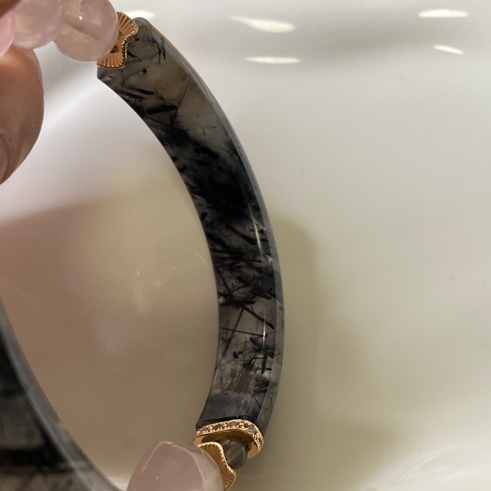 Black Tourmaline & Rose Quartz Heart Bangle Bracelet • Gold Accents • Protective - Picture 5 of 9